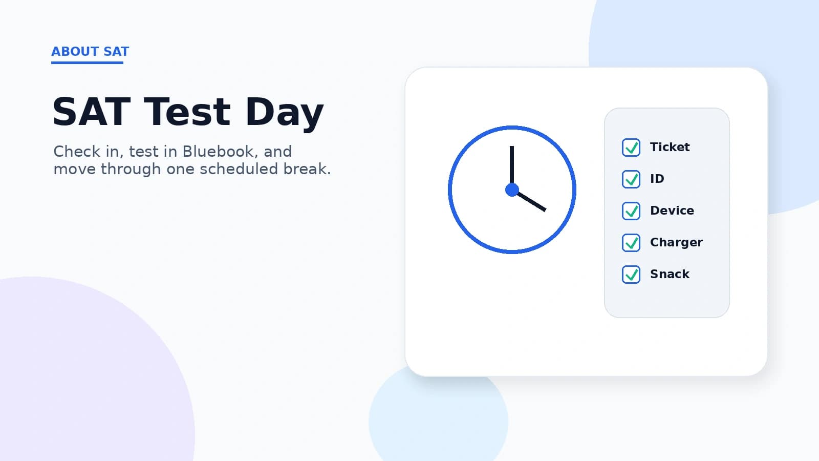 SAT test day: check in, test in Bluebook, 2 hours 14 minutes with one break.