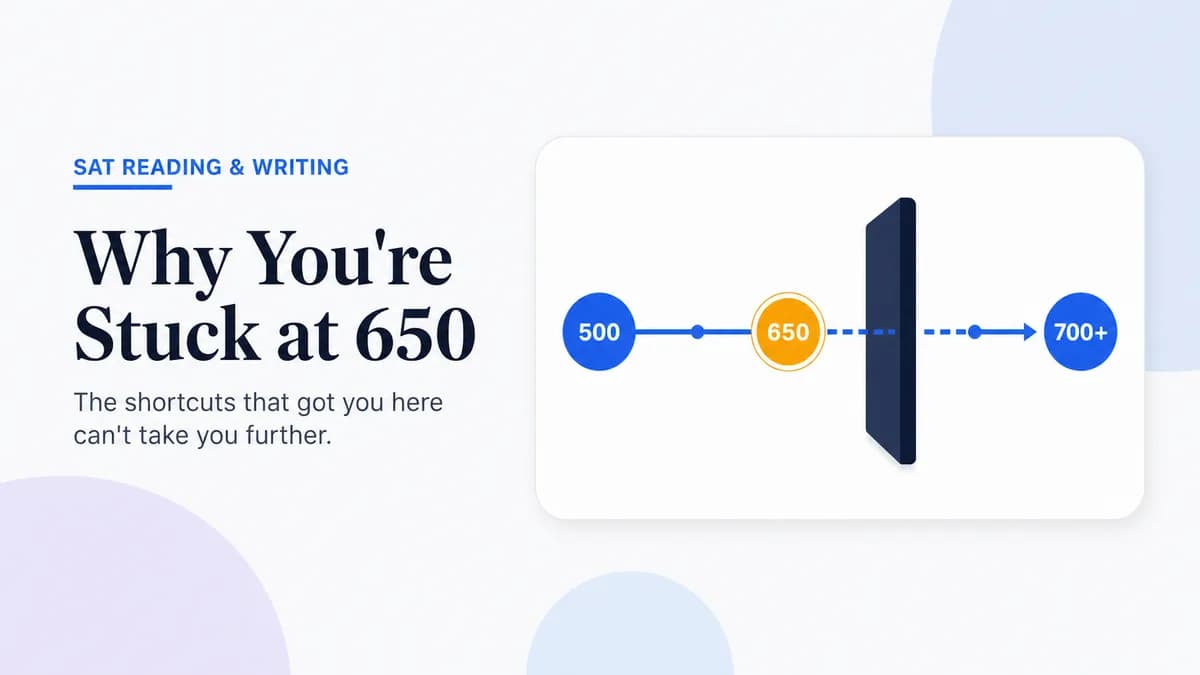 SAT Reading and Writing score journey from 500 to a wall at 650, with the path continuing toward 700+.