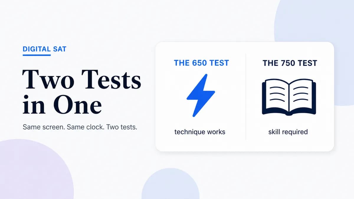 One SAT screen splitting into two tests: the 650 test, beatable with technique, and the 750 test, which checks real skill.