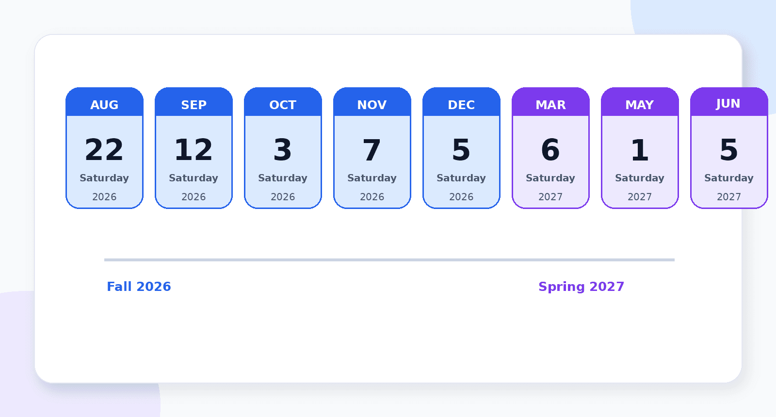 Calendar of the eight 2026-2027 SAT test dates from August 2026 through June 2027.