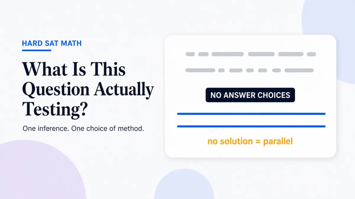 A hard SAT system-of-equations question with no answer choices, asking what it actually tests: one inference — no solution means parallel lines — and one choice of method.